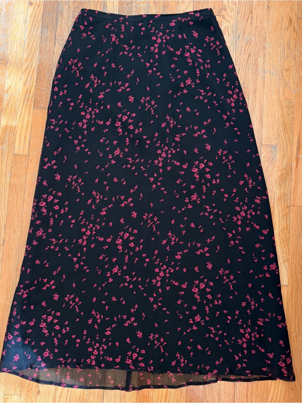 100% Silk Black Floral Midi Skirt with Red Ditsy Floral Print